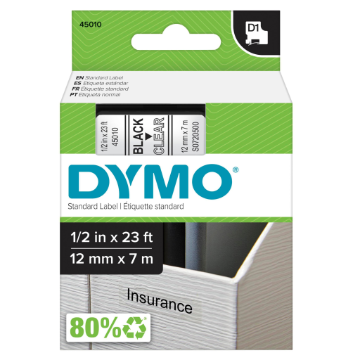 Ruban D1 DYMO LabelManager — impression noire sur transparent, 1/2 po x 23 pi, 1 cartouche