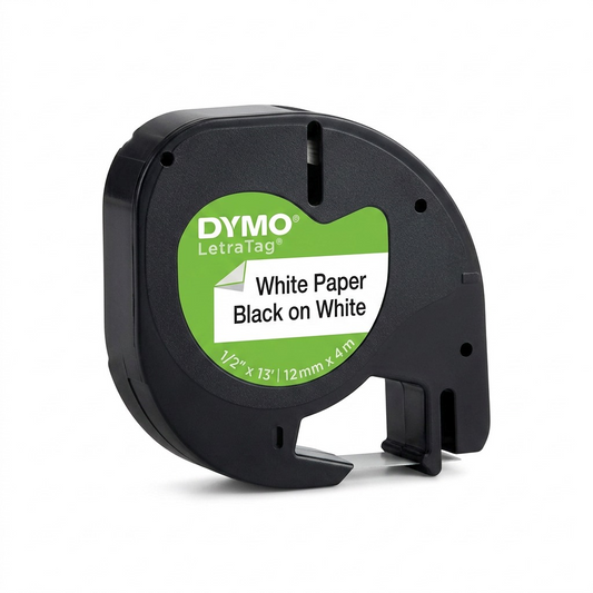 A high-resolution product photograph of an single DYMO LetraTag paper label cassette (MPN 91330). It displays the black plastic housing and green label with key specifications in white text, including length and width, centered against a pure white background with soft, natural shadows. The 'DYMO' and 'LetraTag' logos are centered on the green label, matching the visual details from the user reference image.