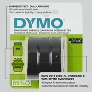 An e-commerce graphic highlights features of DYMO embossing labels, pointing to the multipack and embossed text examples.