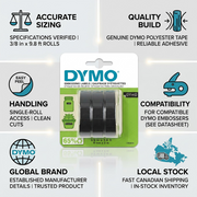 An infographic showing the DYMO embossing labels package, with trust points like accurate specs, quality build, easy handling, global brand, and fast Canadian shipping.