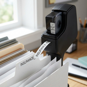 A dynamic macro photo showing a DYMO D1 label being perfectly applied to a textured file folder tab.