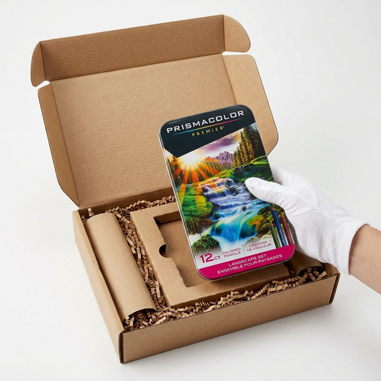 Premium unboxing scene showing the metal pencil tin secured in recyclable protection, assuring gift condition.