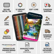 Confidence infographic of the Prismacolor 12CT Landscape Pencils, in its original tin, showing key details and fast Canadian shipping.
