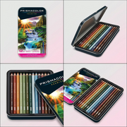 A clean ecommerce grid matrix showing the PRISMACOLOR Premier Landscape Set tin from five different precise angles, including a top-down and angled tin view with distinct pencil colors visible.