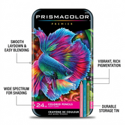 An e-commerce infographic showing technical features of Prismacolor Premier pencils as customer benefits with precise callouts on a white background.