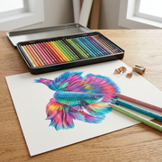 Lifestyle shot: open Prismacolor 24-tin of colored pencils on an oak desk with an original betta artwork.