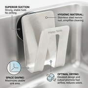 Feature callout graphic for Happy Sinks holder: labels for suction, hygienic material, space-saving design, and airflow drying.