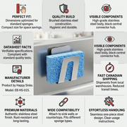 Factual infographic for the Happy Sinks stainless steel sponge holder (EB-HS-015, UPC: 6430036082291). Central photo shows the holder in a sink with a sponge, surrounded by icons and text for quality, fit, and local shipping.
