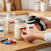 A person holding the Dymo Organizer Xpress embossing label maker to apply a red textured label to a clean glass storage jar.
