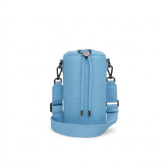 A premium ecommerce hero shot on a white background of a light blue Bugatti champagne bag.