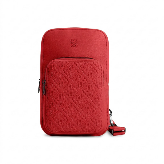 A clean, high-resolution hero shot of the red Bugatti Rick Ross sling bag on a white background.