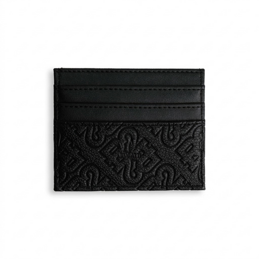 A high-resolution black leather Bugatti card holder with debossed 'Rick Ross The Boss' branding and card slots, centered on a pure white background.
