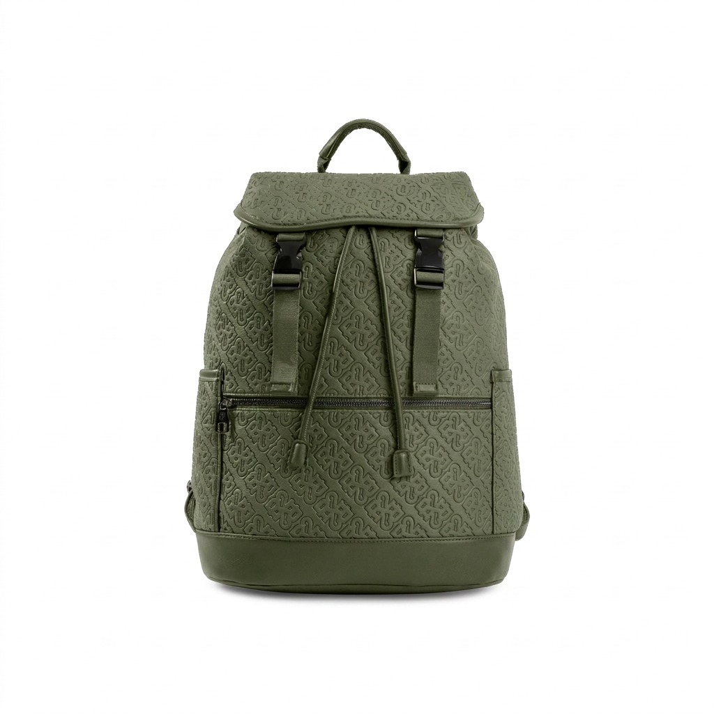 Pure high-resolution ecommerce hero shot of the Bugatti Green Backpack against a seamless white background.