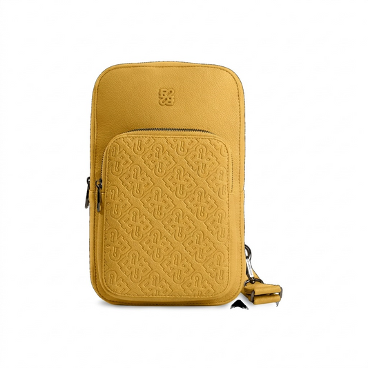 Pure hero shot of the Bugatti Rick Ross Edition PU Yellow Sling Bag on a white background.