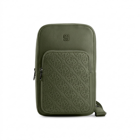 Bugatti Rick Ross sling bag in textured khaki green, centered with logos against a plain white background.