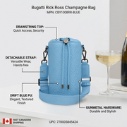 Ecommerce graphic for Bugatti Rick Ross bag highlighting drawstring, detachable strap, texturized PU, and gunmetal hardware.