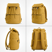 A four-panel grid showing the front, three-quarter, side-profile, and back views of a mustard yellow embossed backpack on a neutral white background.