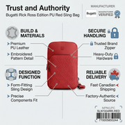 Trust and authority visual matrix infographic for the Bugatti Rick Ross Edition red sling bag with factual cues.