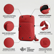 PDP infographic of the Bugatti sling bag displaying features: PU leather, Rick Ross embossed patterns, two zip pockets, and an adjustable strap, with a 'FAST CANADIAN SHIPPING' badge.
