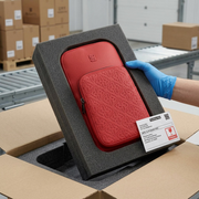 Unboxing shot of the red leather Bugatti Rick Ross sling bag in its custom-fitted, protective foam-lined inner box.