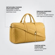 Feature infographic of the Bugatti Rick Ross Duffle Bag showing a detachable padded strap and an embossed PU leather texture.