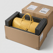 Unboxing the yellow Bugatti Rick Ross duffle bag from a secure, foam-lined protective shipping case.