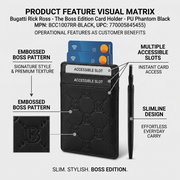 Feature graphic illustrating the slots, embossed texture, and slim design of the Rick Ross Boss Edition card holder.