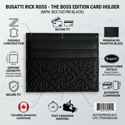 Trust infographic with Bugatti Rick Ross Card Holder, factual icons, and shipping cues.