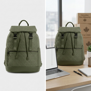 A visual matrix image showing the Bugatti Rick Ross Backpack next to a 13-inch laptop, a pen, and a notebook for accurate scale reference.