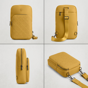 Grid display of Bugatti Voltage Yellow sling bag from front, side, and angled views.