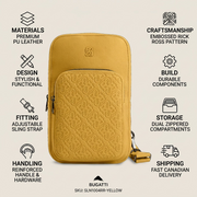 Product Trust Infographic for Bugatti Rick Ross Yellow Sling Bag, features fast Canadian shipping and build quality.
