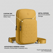 Operational feature callouts for the yellow Bugatti Rick Ross Edition Sling Bag, highlighting its key components.