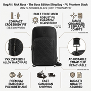 Infographic matrix showing a detailed black sling bag and data points about build and shipping.