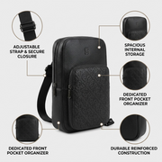Bugatti Rick Ross sling bag featuring four key feature callouts with pointer lines on a clean background.