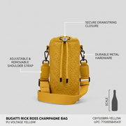 A graphical e-commerce image titled 'Bugatti Rick Ross Champagne Bag - Feature Graphic'. The central focus is the voltage yellow bag with prominent white callout lines and labels: 'SECURE DRAWSTRING CLOSURE', 'ADJUSTABLE & REMOVABLE SHOULDER STRAP', and 'DURABLE METAL HARDWARE'. A small bottle silhouette with a ruler indicates 'SCALE'. The bag preserves the embossed pattern and design from the reference image. The grey background is clean, with the MPN and UPC printed at the bottom.