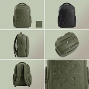 A six-panel matrix displaying the khaki green backpack from multiple angles and in a black color variant.