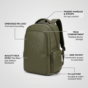 Bugatti Rick Ross backpack callout graphic highlighting material, tech storage, and comfort features.