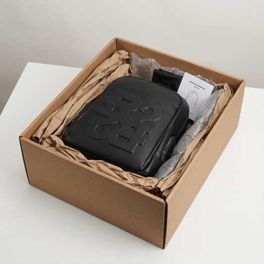 Premium delivery showing the Bugatti Rick Ross backpack cushioned in a sturdy shipping box.