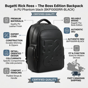 A trust infographic for the Bugatti The Boss Edition black leather backpack, showing quality icons for materials, construction, and details, next to a map of Canada.