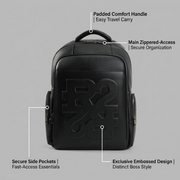 A feature infographic of the Bugatti Rick Ross backpack in black, with labels highlighting side pockets, handle, main access, and embossed logo.