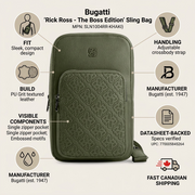 Confidence infographic for the Bugatti Rick Ross Sling, featuring icons and factual product cues.