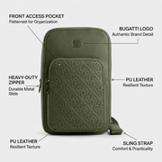 Bugatti Rick Ross sling bag featuring key callouts including logo, secure pocket, and durable strap.