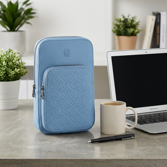 Scale reference photo for the PU Drift Blue Bugatti Rick Ross sling bag, showing dimensions relative to common objects.