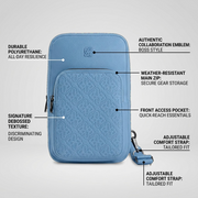 Bugatti sling bag overview with six benefit-focused feature callouts.