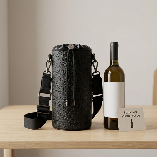Scale reference photo: Bugatti Rick Ross Champagne Bag (Phantom Black) of image_0.png shown beside a standard 750ml glass wine bottle to illustrate its size.