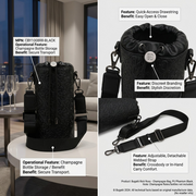 Bugatti Rick Ross champagne bag feature callout image: secures bottle, adjustable webbed strap for carry comfort.