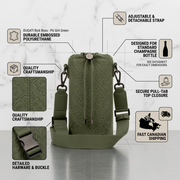 Trust infographic with an embossed green champagne bag, icons for materials, handling, compatibility, and fast shipping.