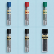 A premium 3x2 grid display showcasing six color and size configuration options based on the Pentel lead refill, against unified brand-aligned backgrounds.