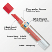Pentel 0.7mm red lead refill tube image with callouts detailing diameter, capacity, and colour.