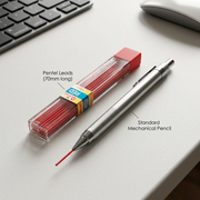 A photo of the Pentel PPR-7 red 0.7mm mechanical pencil lead case shown next to an everyday object for a size comparison.